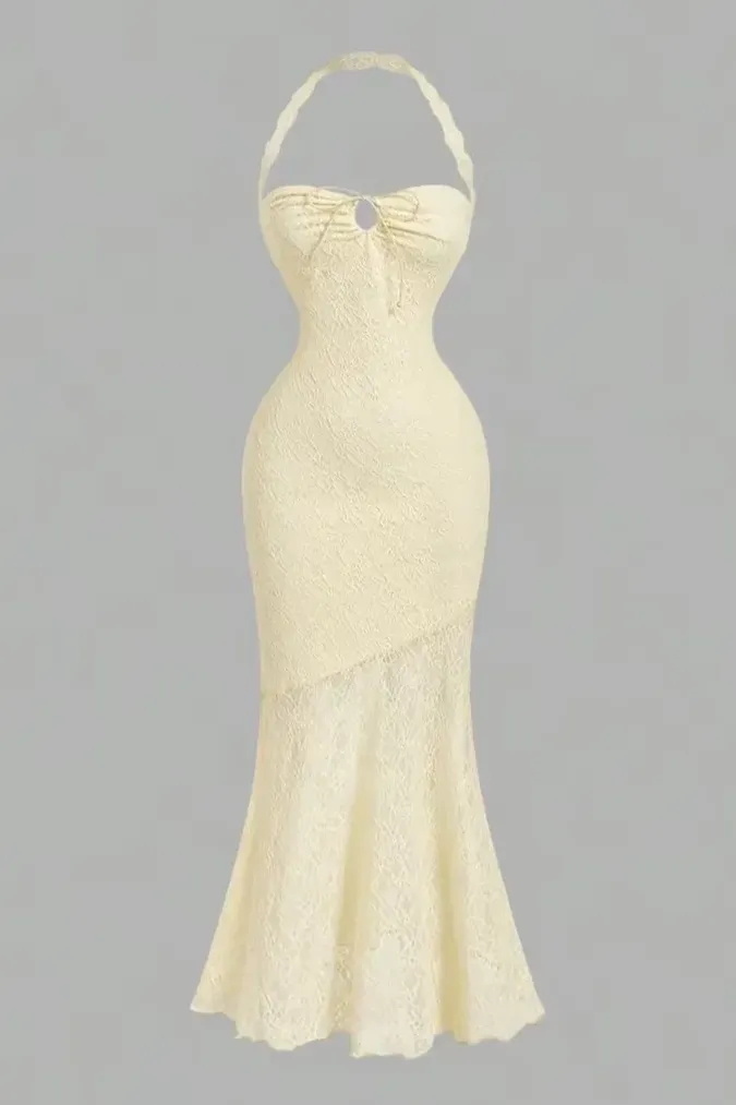 Light Yellow Solid Halter Maxi Dress - Image 1
