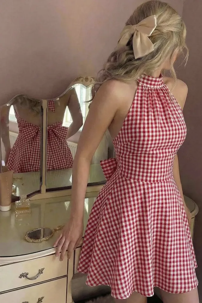 Red Gingham Halter Mini Dress - Image 1