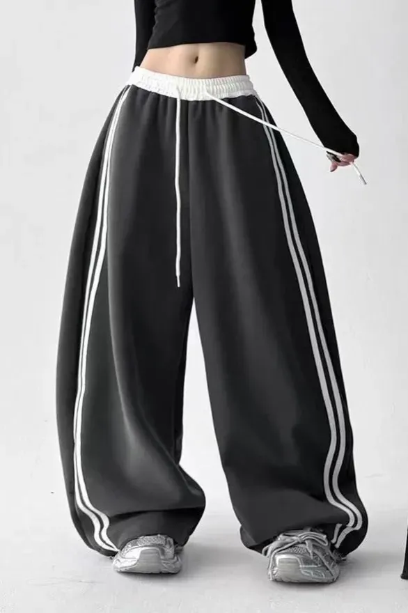 Dark Grey Striped Drawstring Pants - Image 1