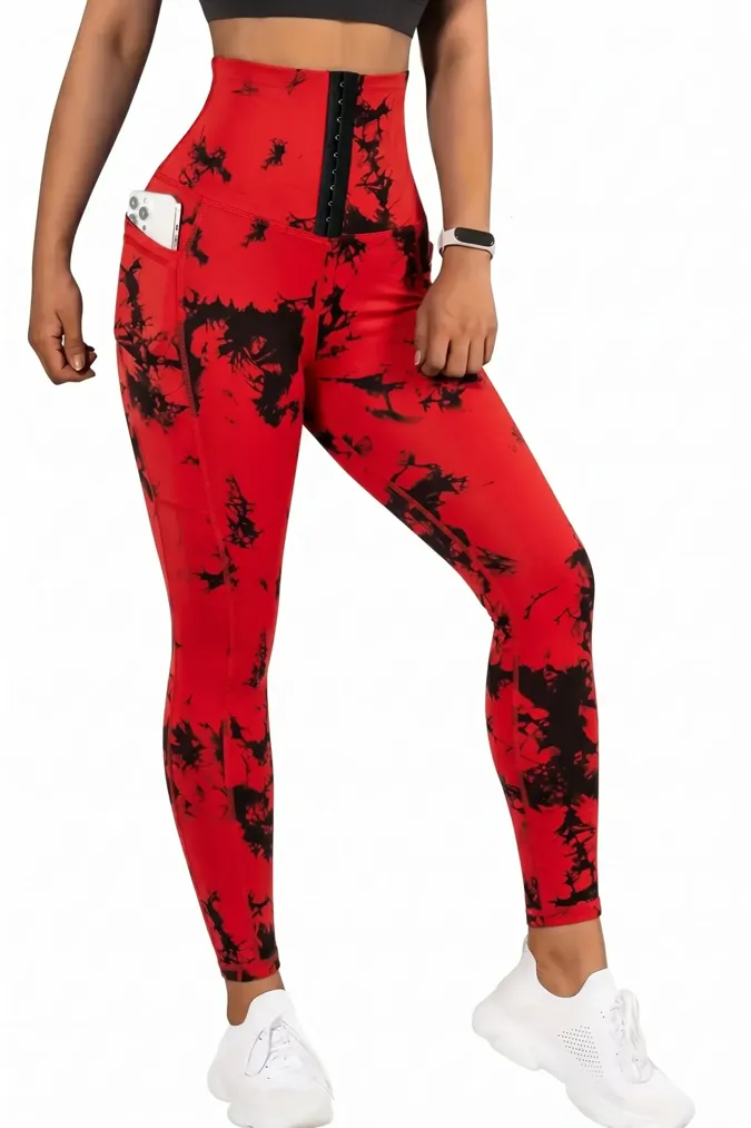 Red High-Rise Tie-Dye Leggings - Image 1
