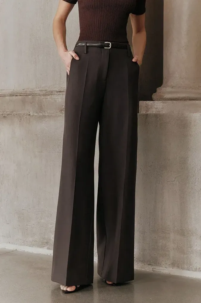 Dark Brown Solid High-Rise Pants - Image 1