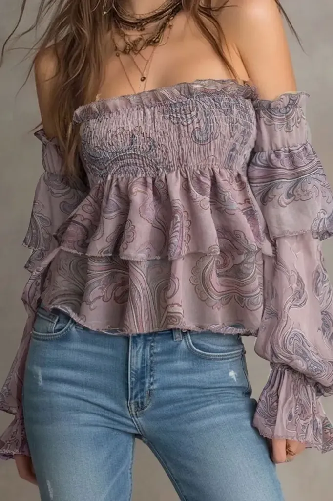 Mauve Paisley Ruffle Off-Shoulder Top - Image 1