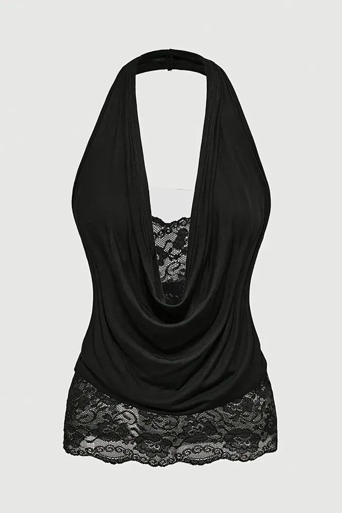 Black Lace Overlay Halter Top - Image 1