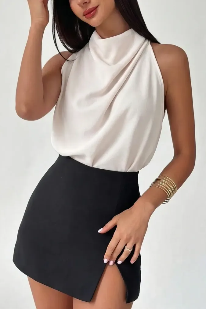White Draped Cowl Neck Top - Image 1