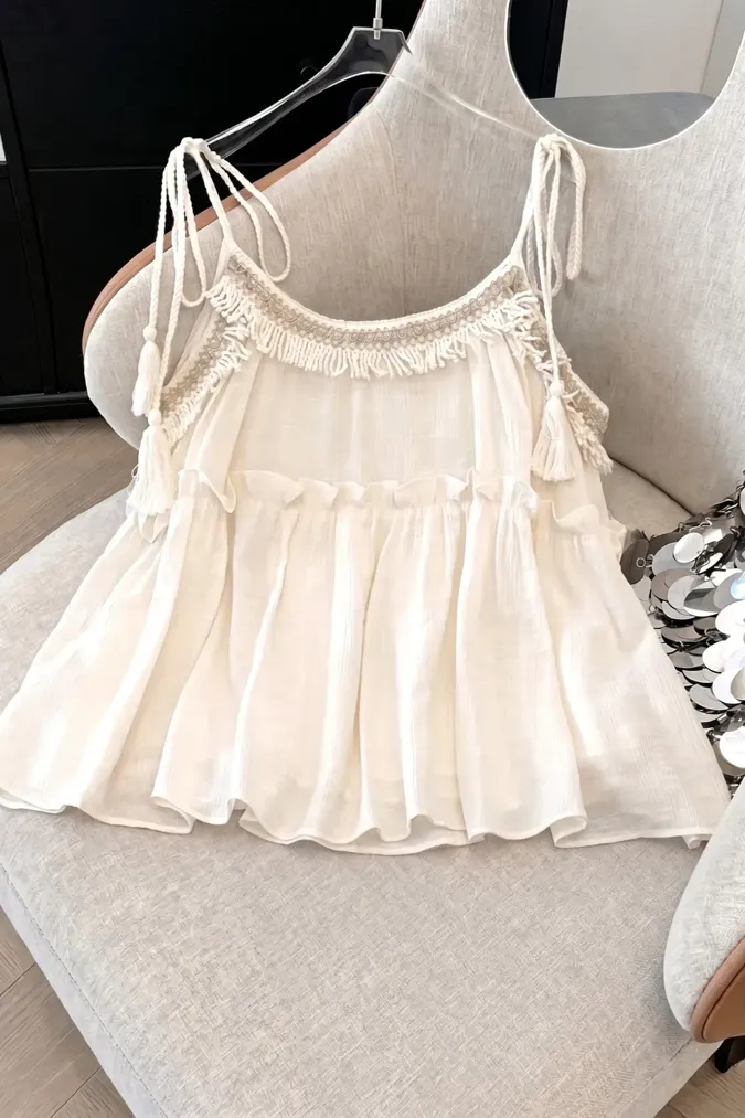 Beige Solid Tassel Tie-Up Top - Image 1