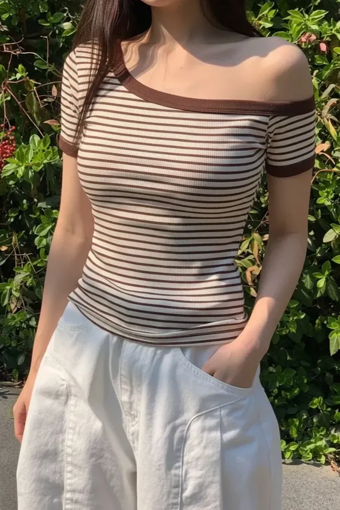 Brown Striped One-Shoulder T-Shirt - Image 1