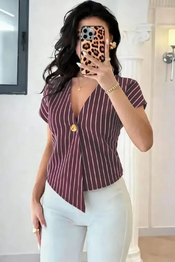 Burgundy Striped V-Neck Top - Image 1
