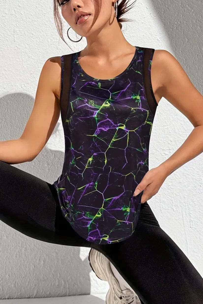Black Abstract Crew Neck Tank Top