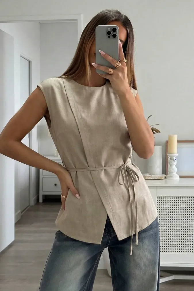 Khaki Tie-Up Round Neck Top - Image 1