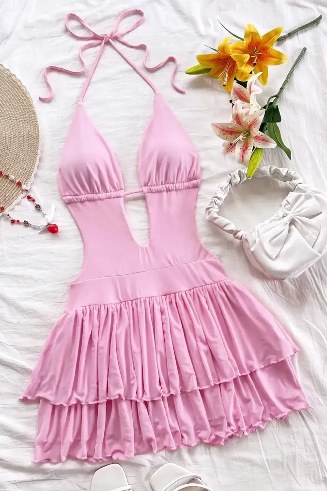 Light Pink Halter Neck Ruffle Mini Dress - Image 1