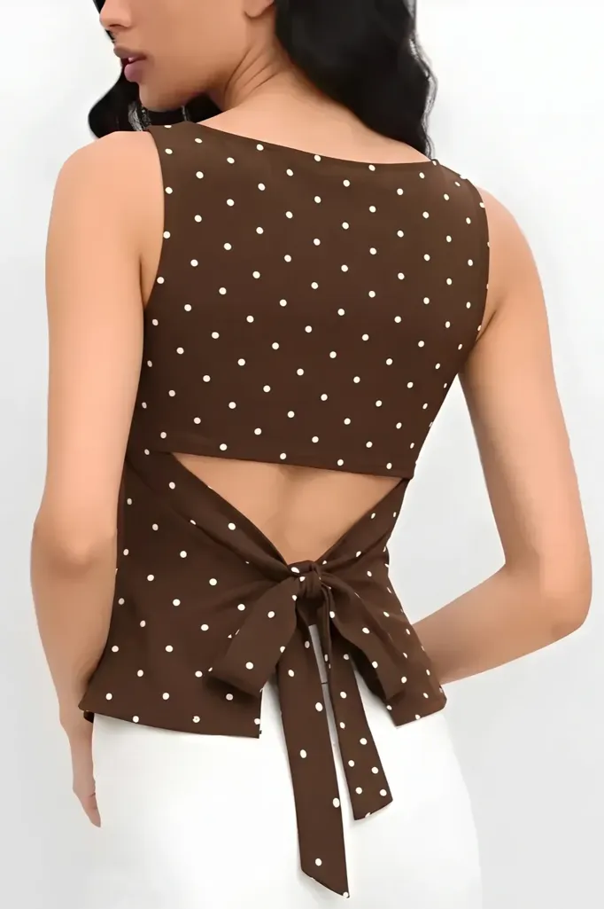 Brown Polka Dot Tie-Up Top - Image 1