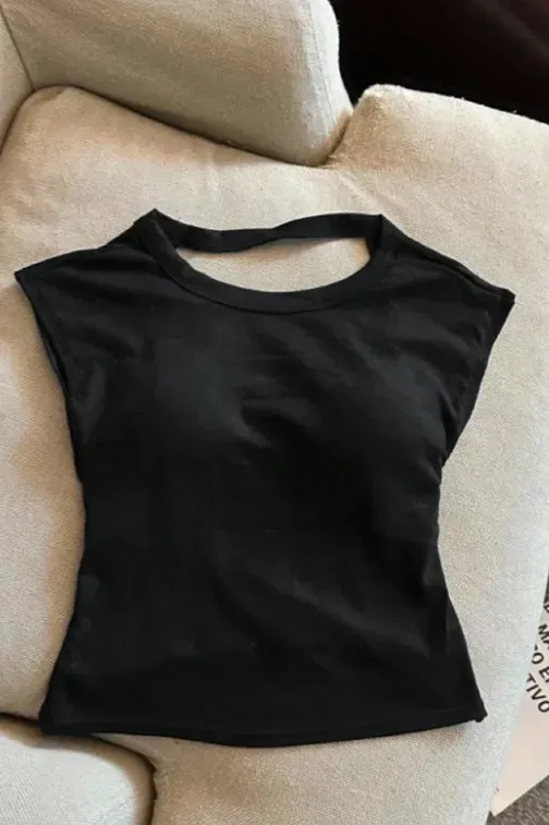 Black Solid Cut-Out Padded Top - Image 1
