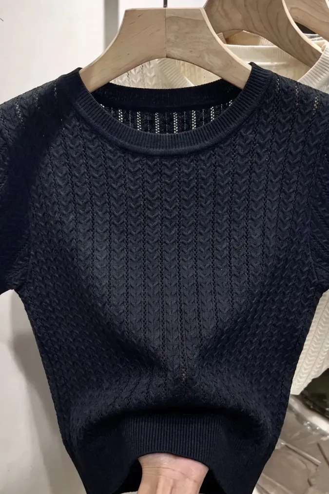 Black Textured Crew Neck T-Shirt - Image 1