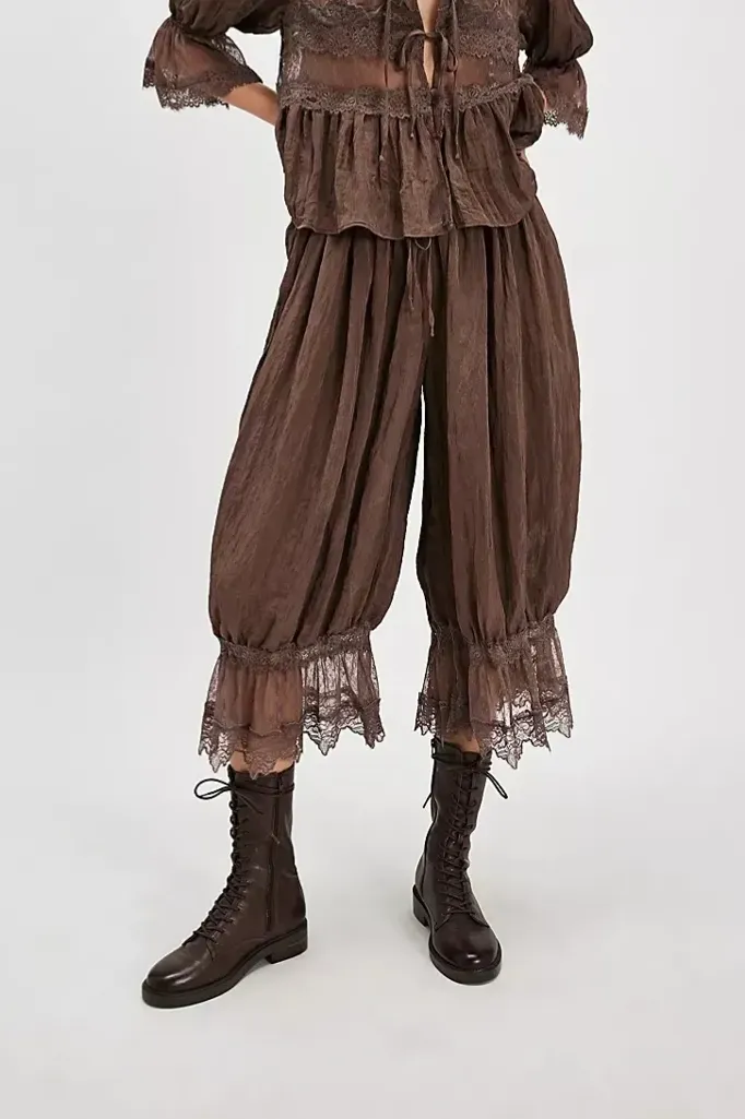 Brown Solid Lace Overlay Pants - Image 1