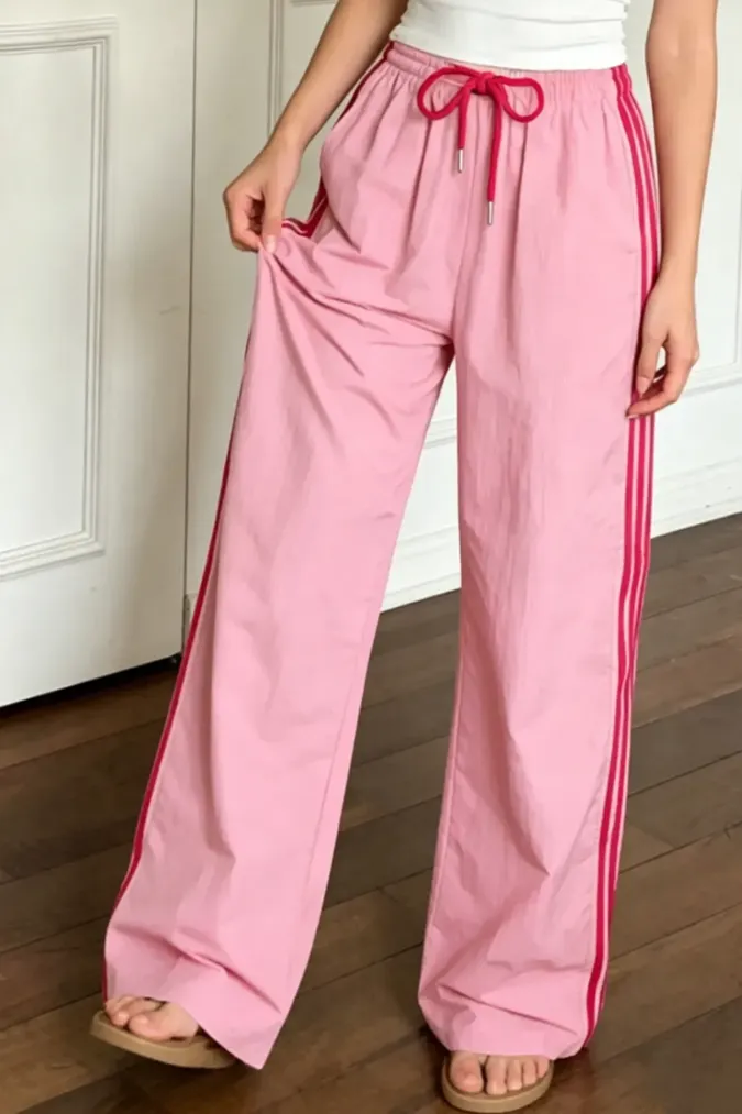 Pink Striped Mid Rise Pants - Image 1