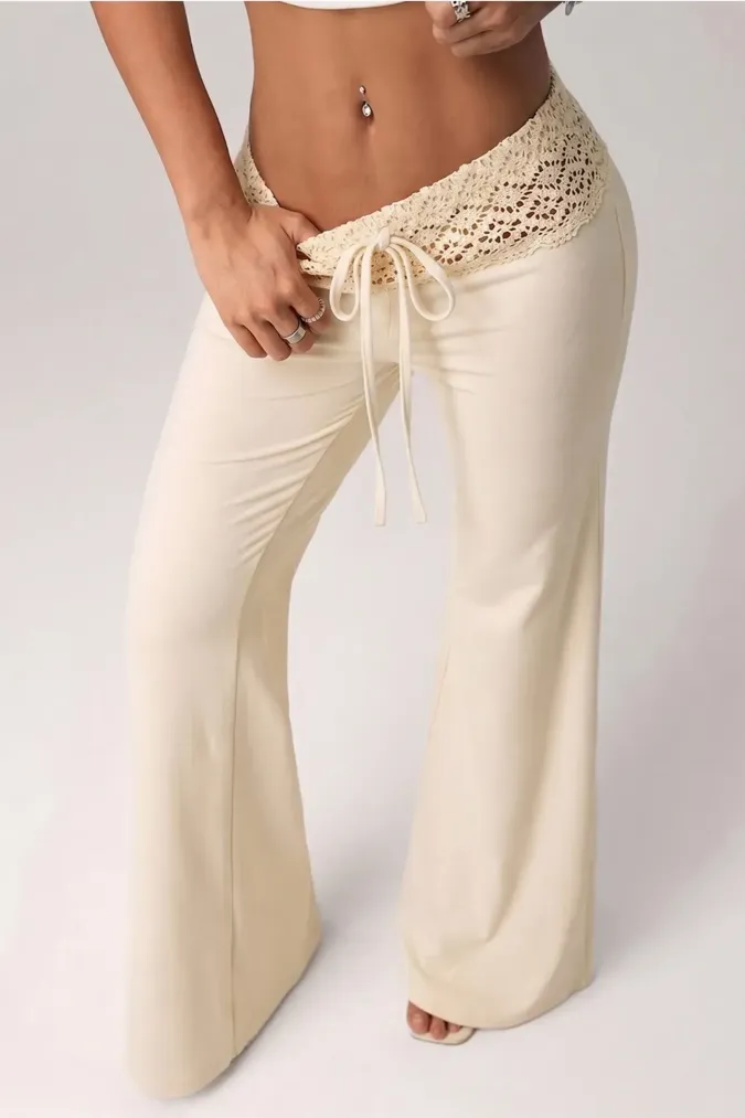 Beige Mid Rise Crochet Flared Pants - Image 1