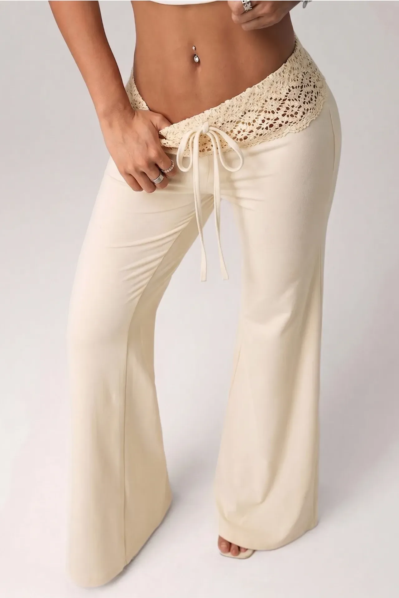 Beige Mid Rise Crochet Flared Pants
