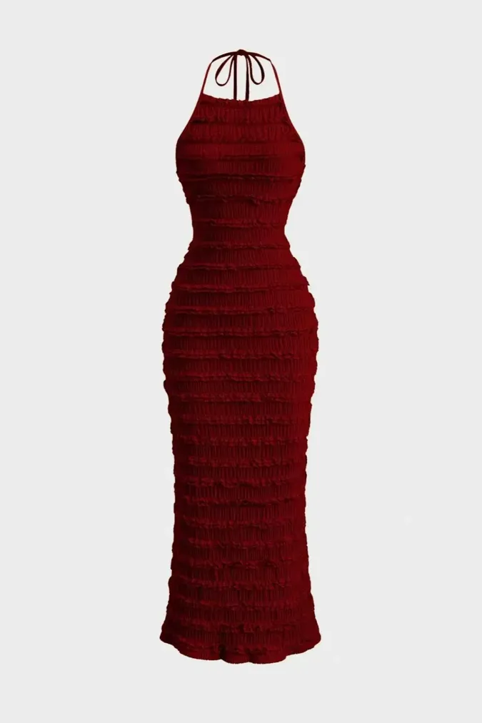 Wine Halter Neck Maxi Dress - Image 1