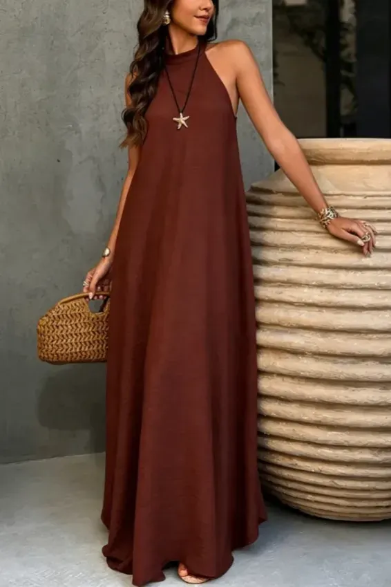 Brown Halter Neck Maxi Dress - Image 1