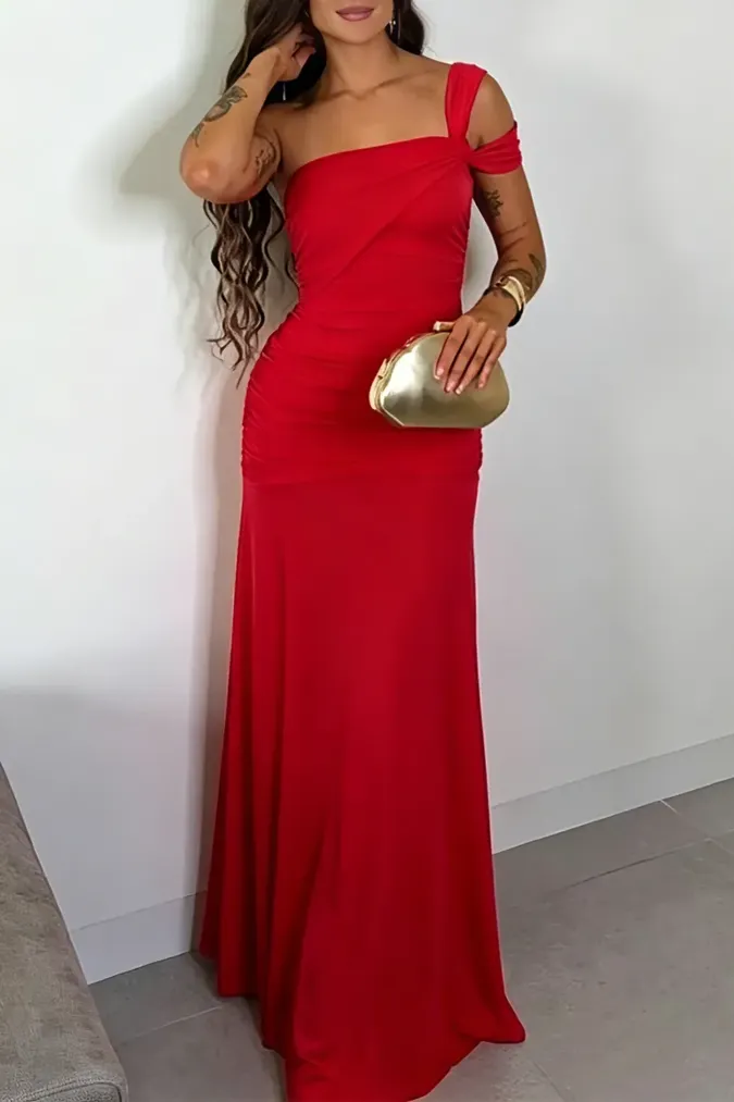 Red One Shoulder Ruched Maxi Dress - Image 1