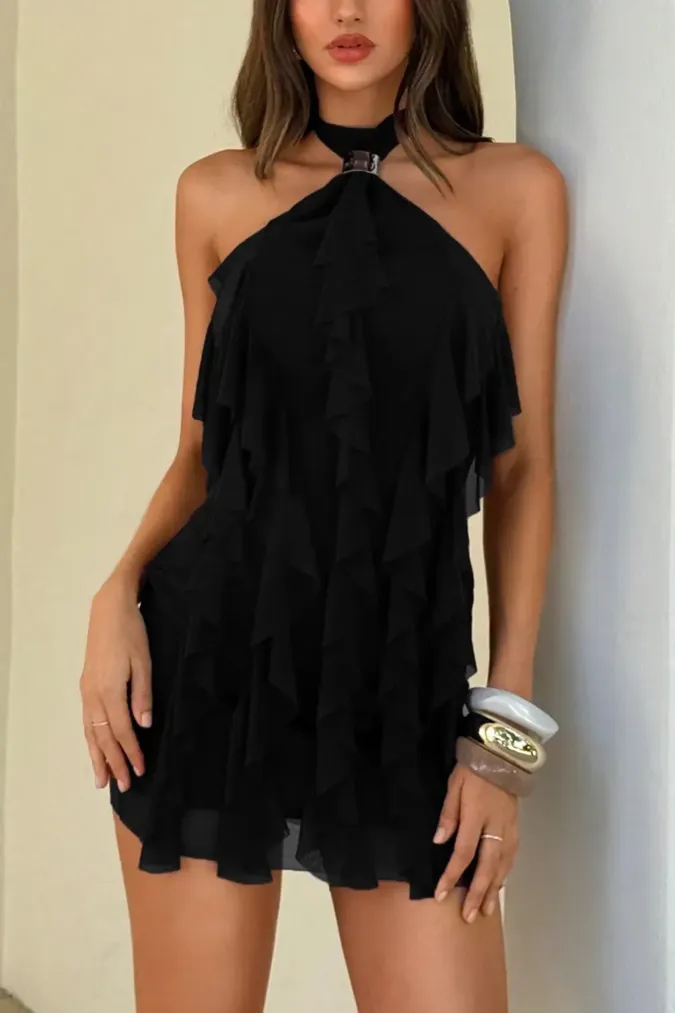 Black Ruffled Halter Mini Dress - Image 1