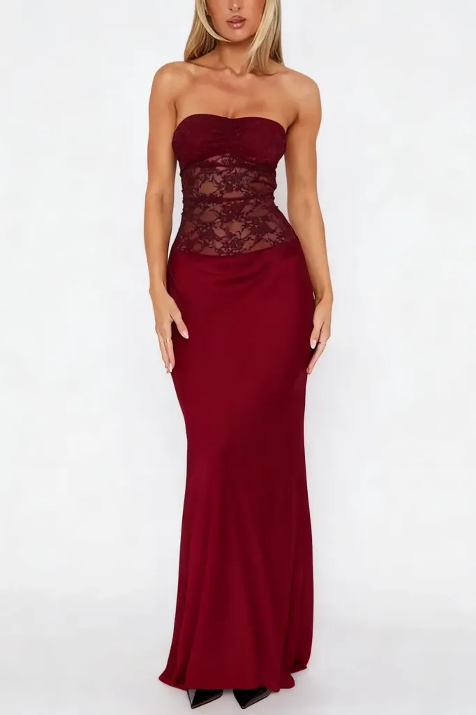Burgundy Tube Neck Lace Maxi Dress - Image 1