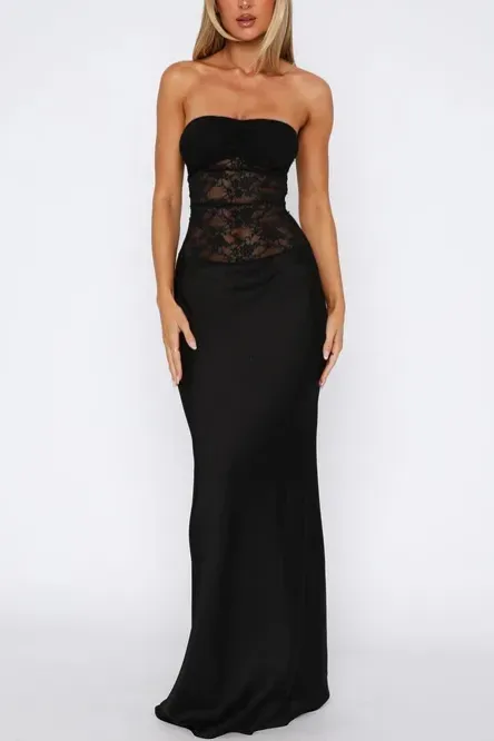 Black Tube Neck Lace Maxi Dress - Image 1
