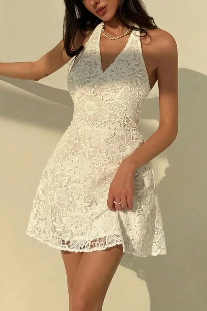 White Halter Lace Mini Dress - Image 1