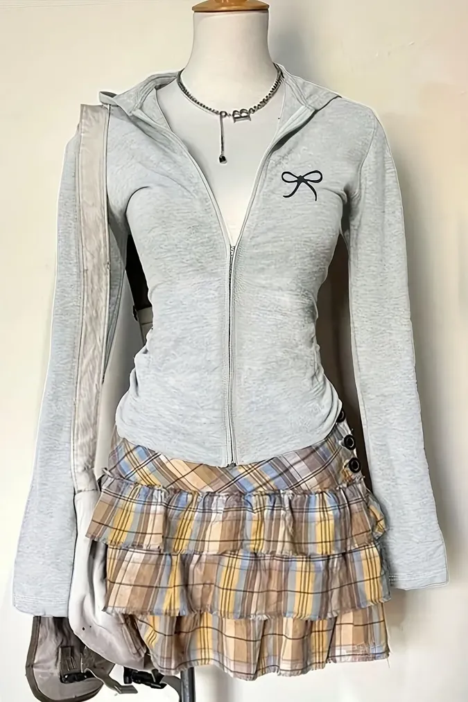 Grey Bow Zip Neck Hoodie - Image 1