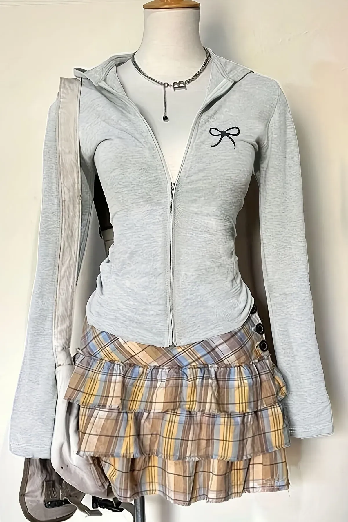 Grey Bow Zip Neck Hoodie