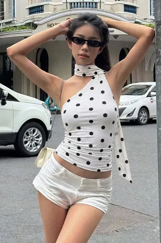 White Polka Dot One-Shoulder Top - Image 1
