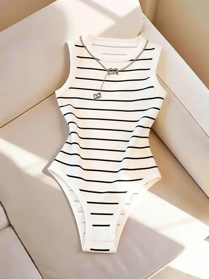 White Striped Crew Neck Bodysuit - Image 1