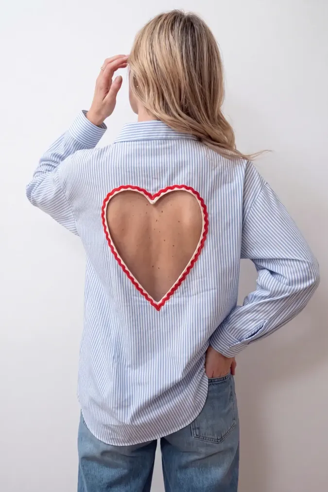 Light Blue Striped Heart Cut-Out Shirt - Image 1