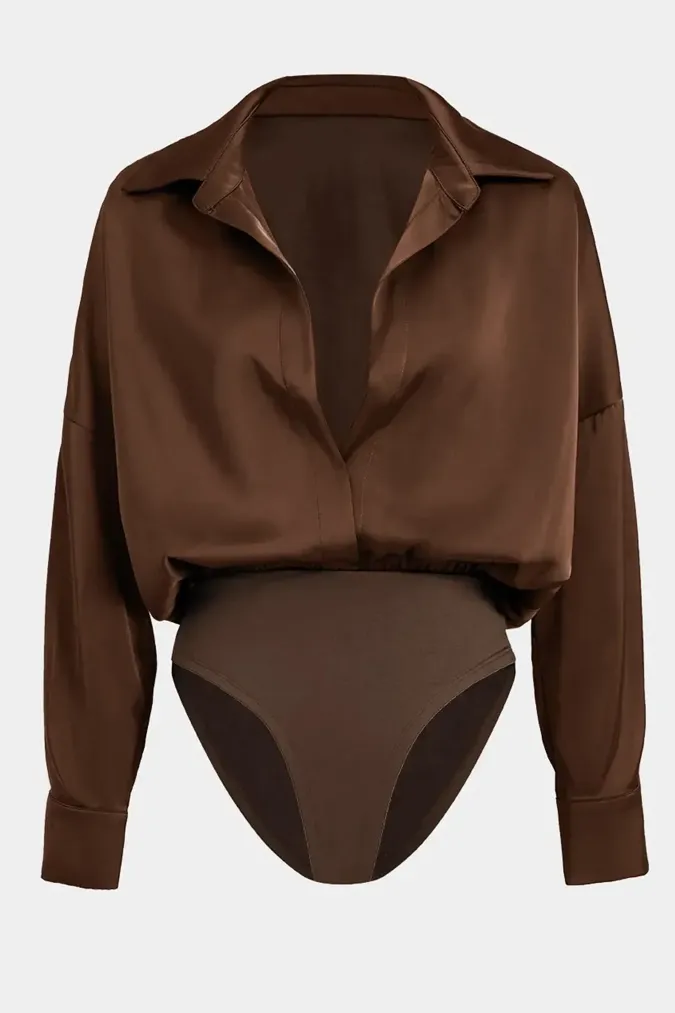 Brown Solid Notched Bodysuit - Image 1