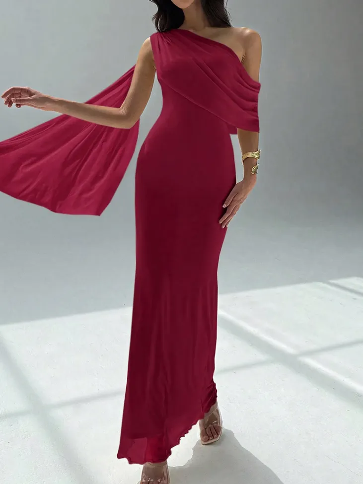 Red Solid Draped Maxi Dress - Image 1