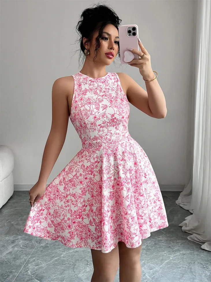 Pink Solid Floral Mini Dress - Image 1