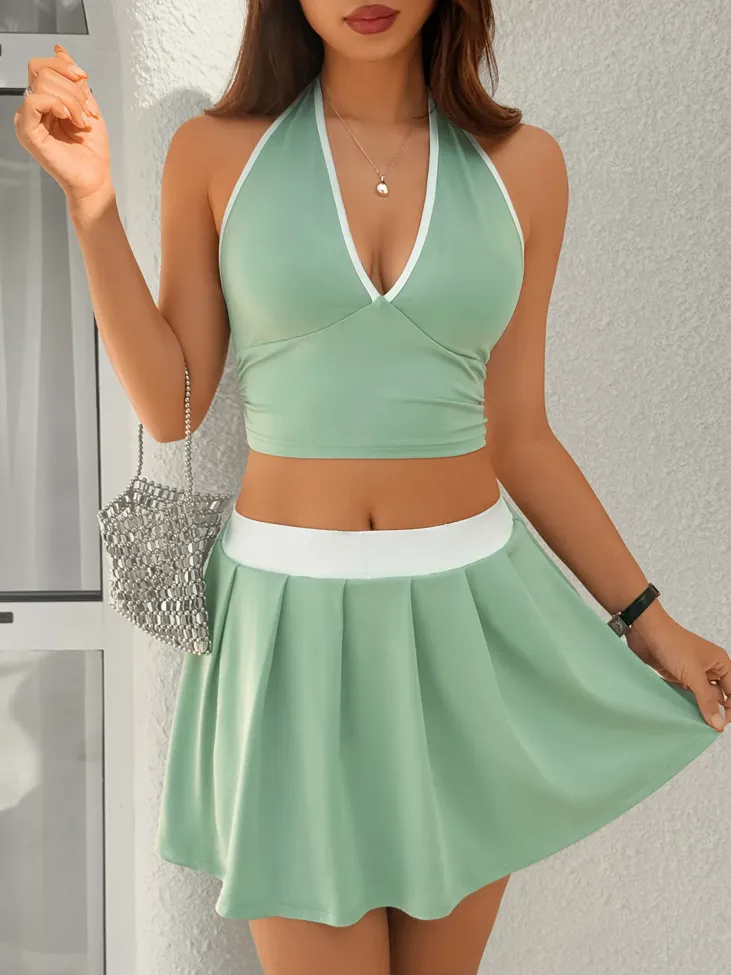 Green Solid Halter Co-Ord Set - Image 1