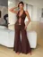 Brown Plunge Neck Co-Ord Set