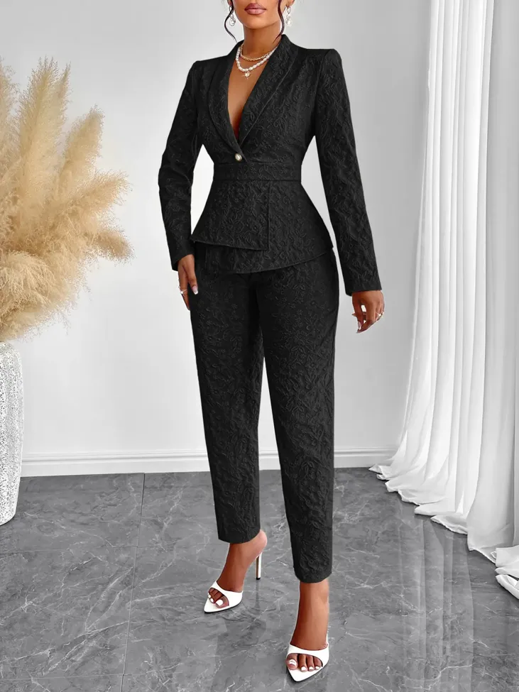Black Solid Lapel Collar Co-Ord Set - Image 1