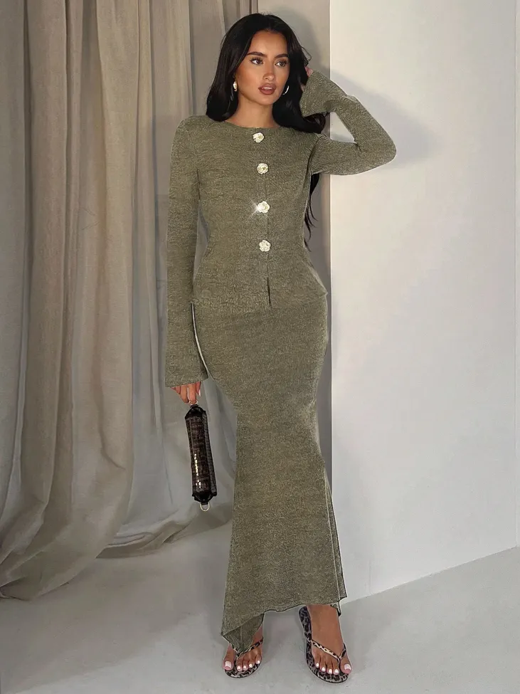 Olive Solid Buttoned Co-Ord Set - Image 1