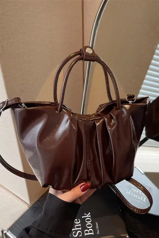 Brown Pleated Pu Drawstring Bag - Image 1