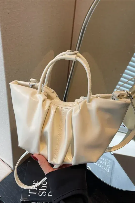 Cream Pleated Pu Drawstring Bag - Image 1