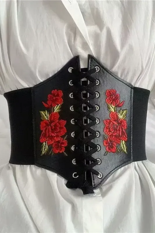 Black Embroidered Lace-Up Corset Belt - Image 1