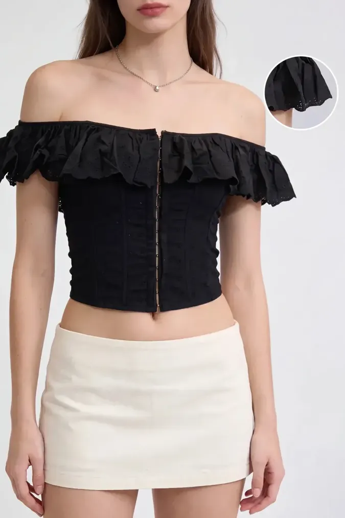 Black Off-Shoulder Lace Crop Top - Image 1