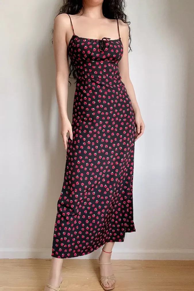 Black Floral Sweetheart Midi Dress - Image 1