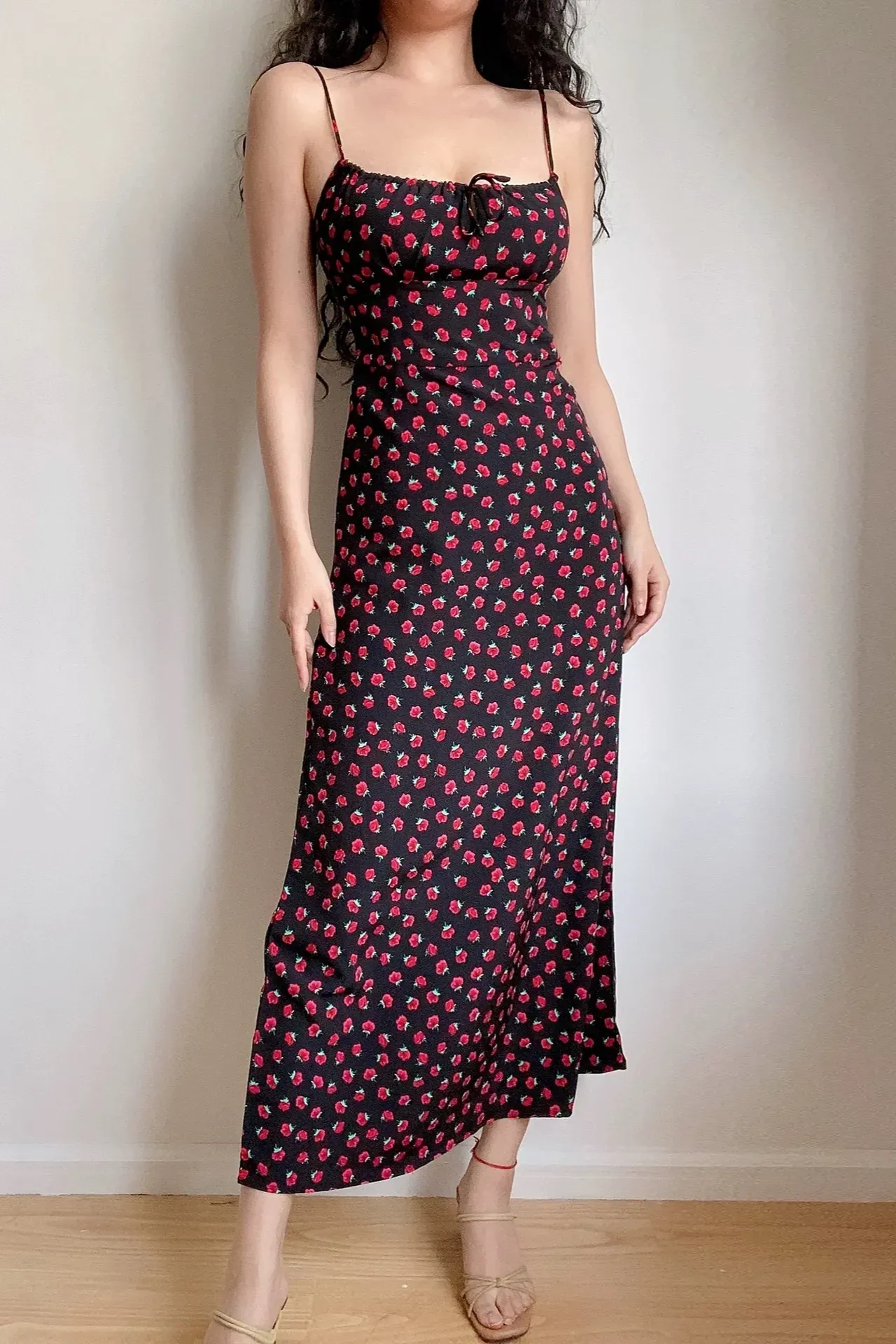 Black Floral Sweetheart Midi Dress