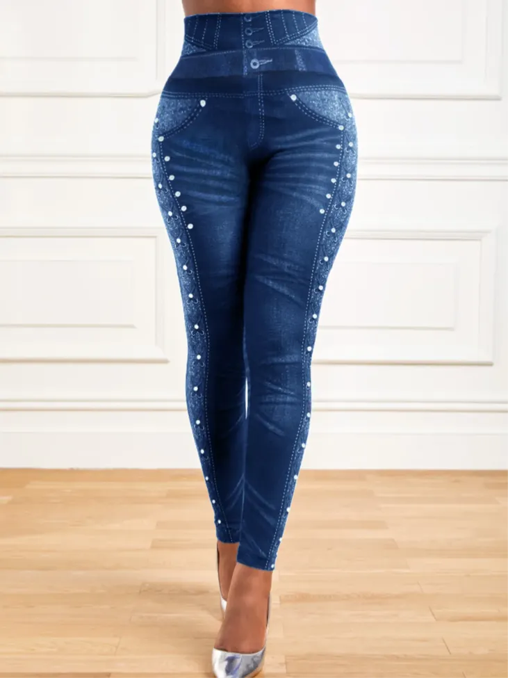 Blue Printed High Rise Jeggings - Image 1