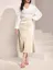Beige Solid Mid Rise Midi Skirt