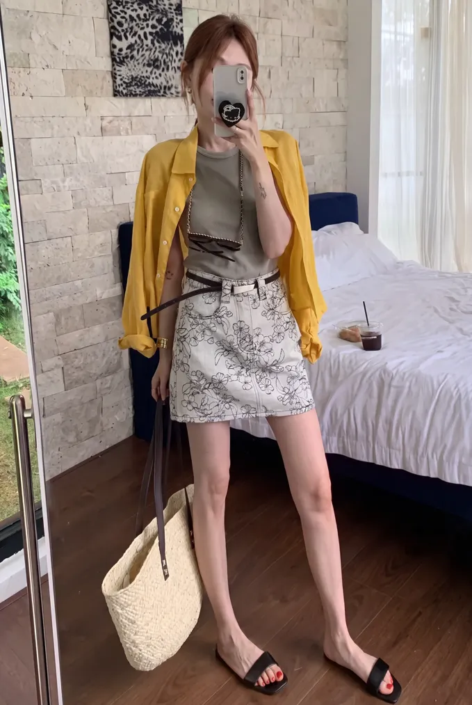 Grey Floral Mini Denim Skirt With Belt - Image 1