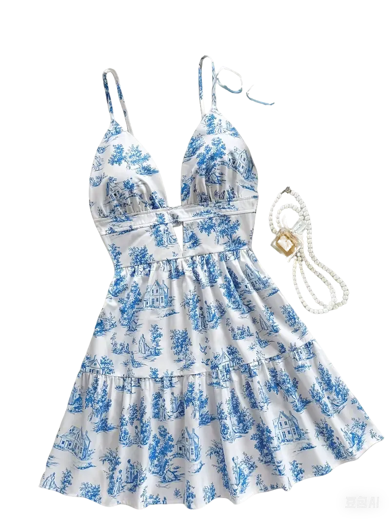 Blue Floral V-Neck Mini Dress